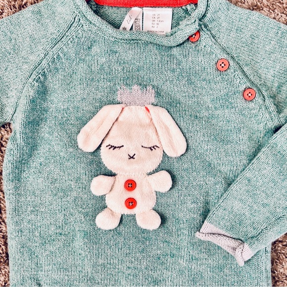 Lil Pixies I Kids Teal Bunny Applique Sweater I Size 2T I Silver, Coral Trim - Picture 3 of 5